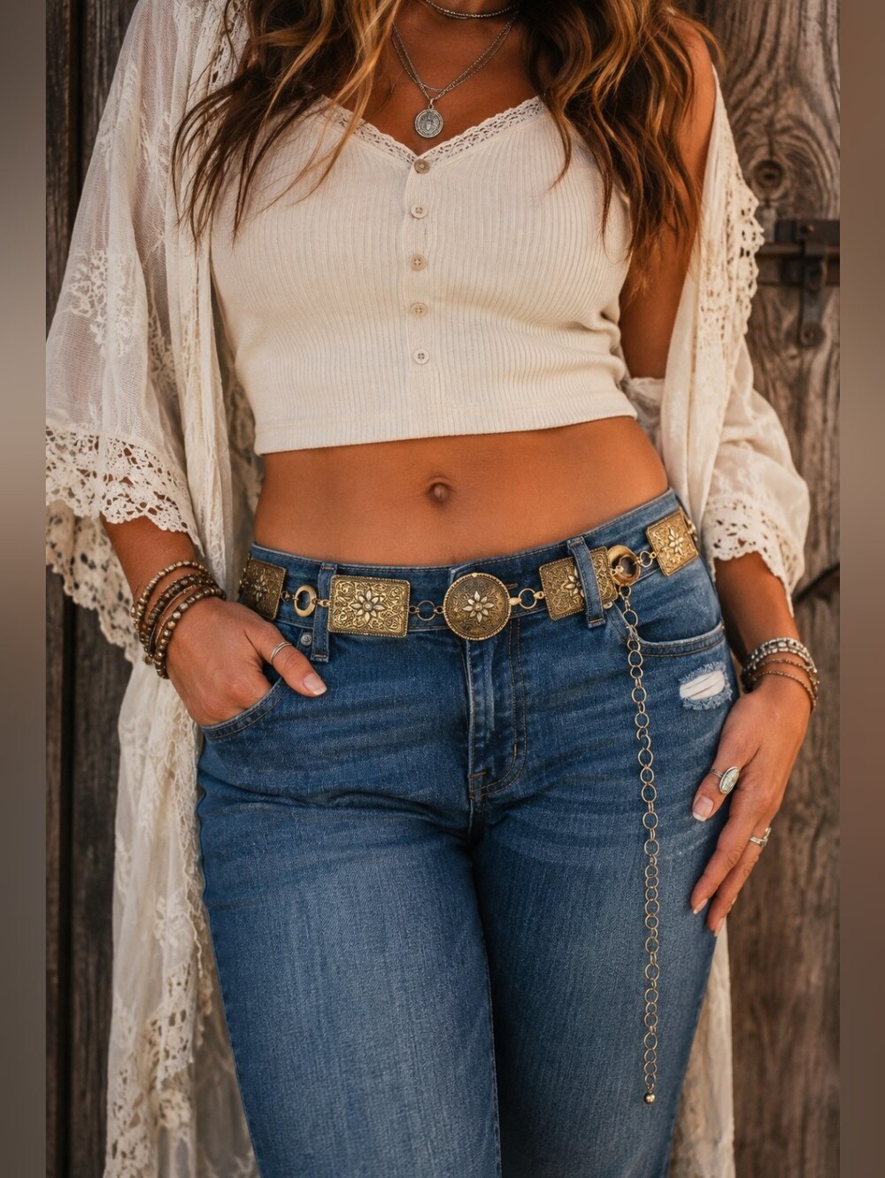 NWT ILLUMA Gold Rhinestone Concho Chain Belt Western Cowgirl 45"